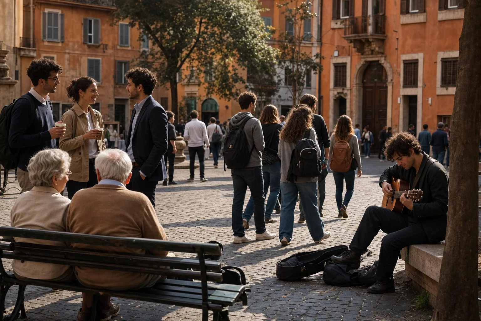 Società italiana contemporanea: persone in una piazza urbana
