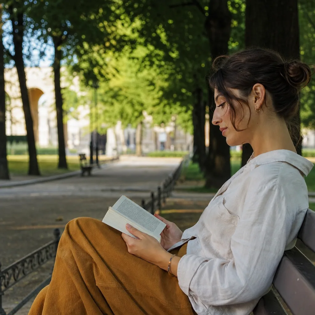 Persona in un parco urbano in un momento di mindfulness, toni terracotta e verde bosco