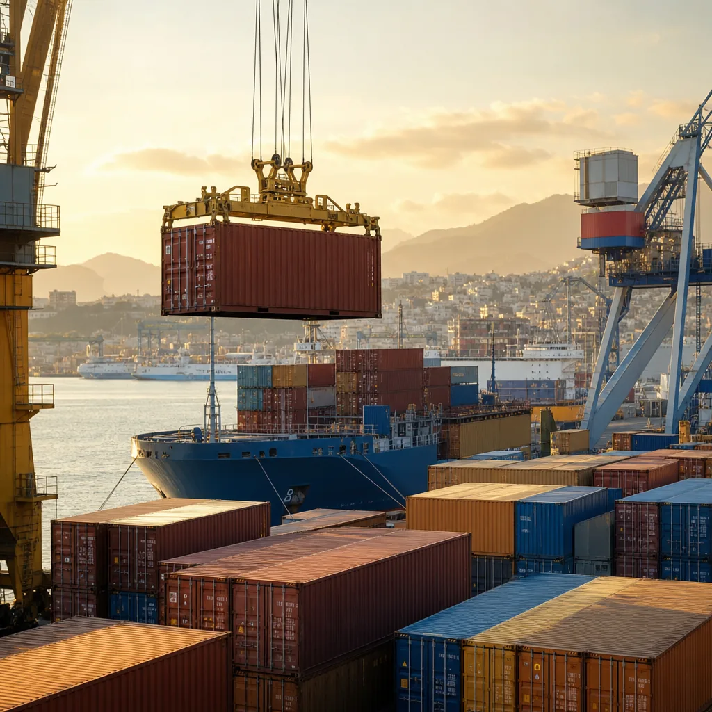 Container da trasporto in un porto italiano, fotografia editoriale con toni caldi e stile giornalistico