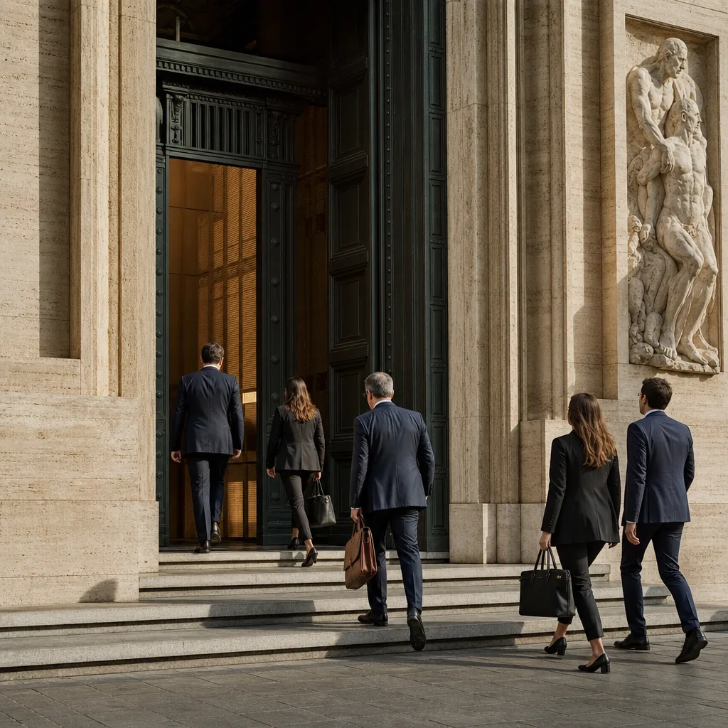 Parlamento italiano a Roma, finanza pubblica e politica economica, toni terracotta e verde bosco