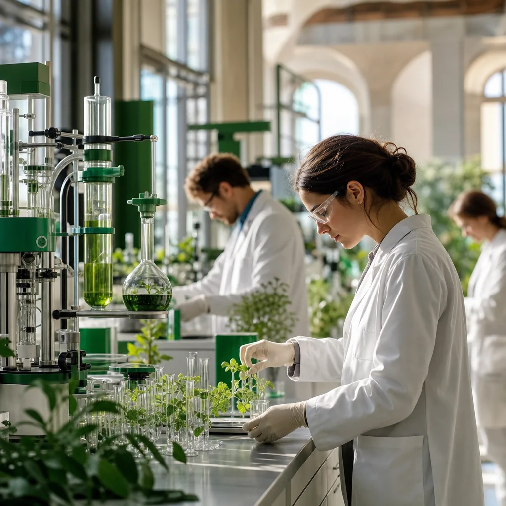 Laboratorio farmaceutico moderno con elementi di sostenibilità ambientale, fotografia editoriale con toni caldi e professionali