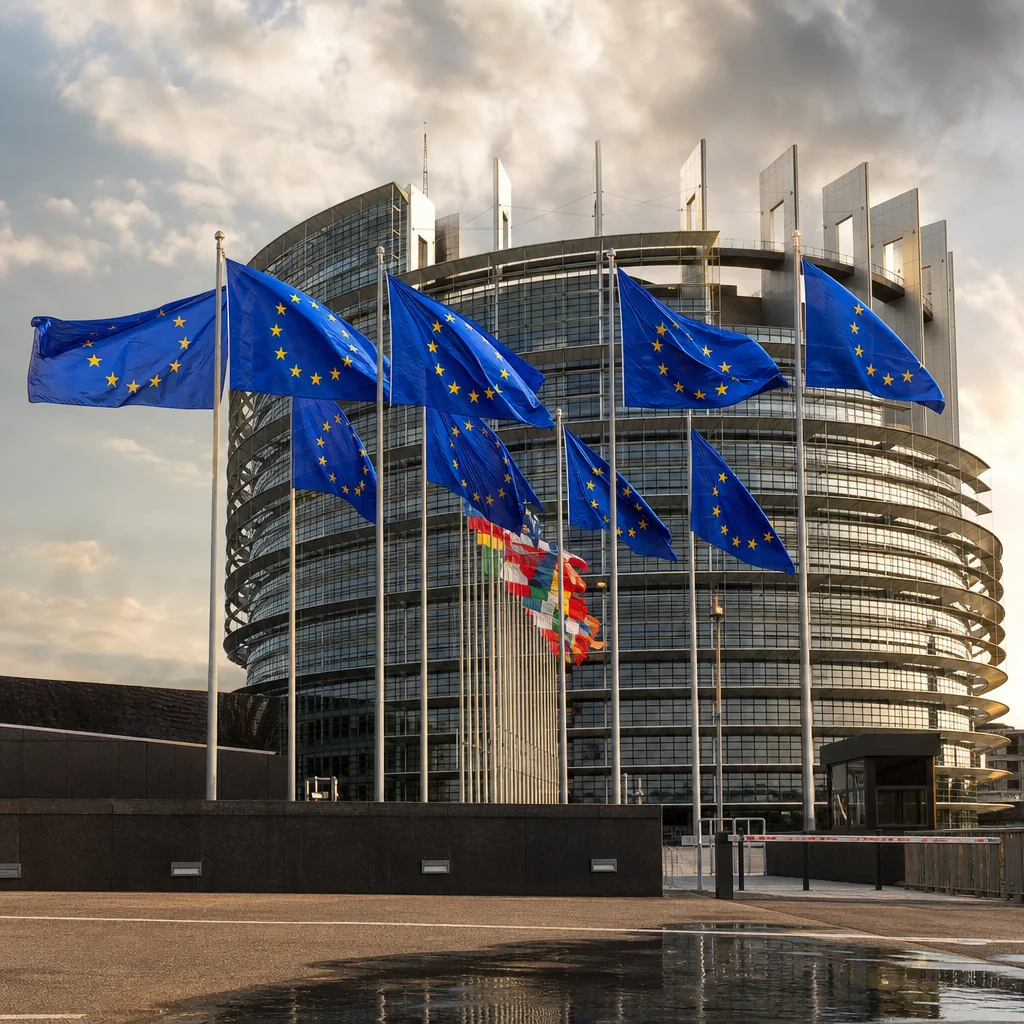 Bandiere europee davanti al Parlamento di Bruxelles, relazioni internazionali e geopolitica