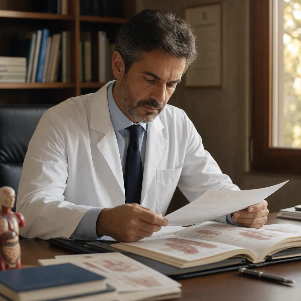 Libro di riferimento medico su scrivania professionale con toni caldi italiani, fotografia editoriale