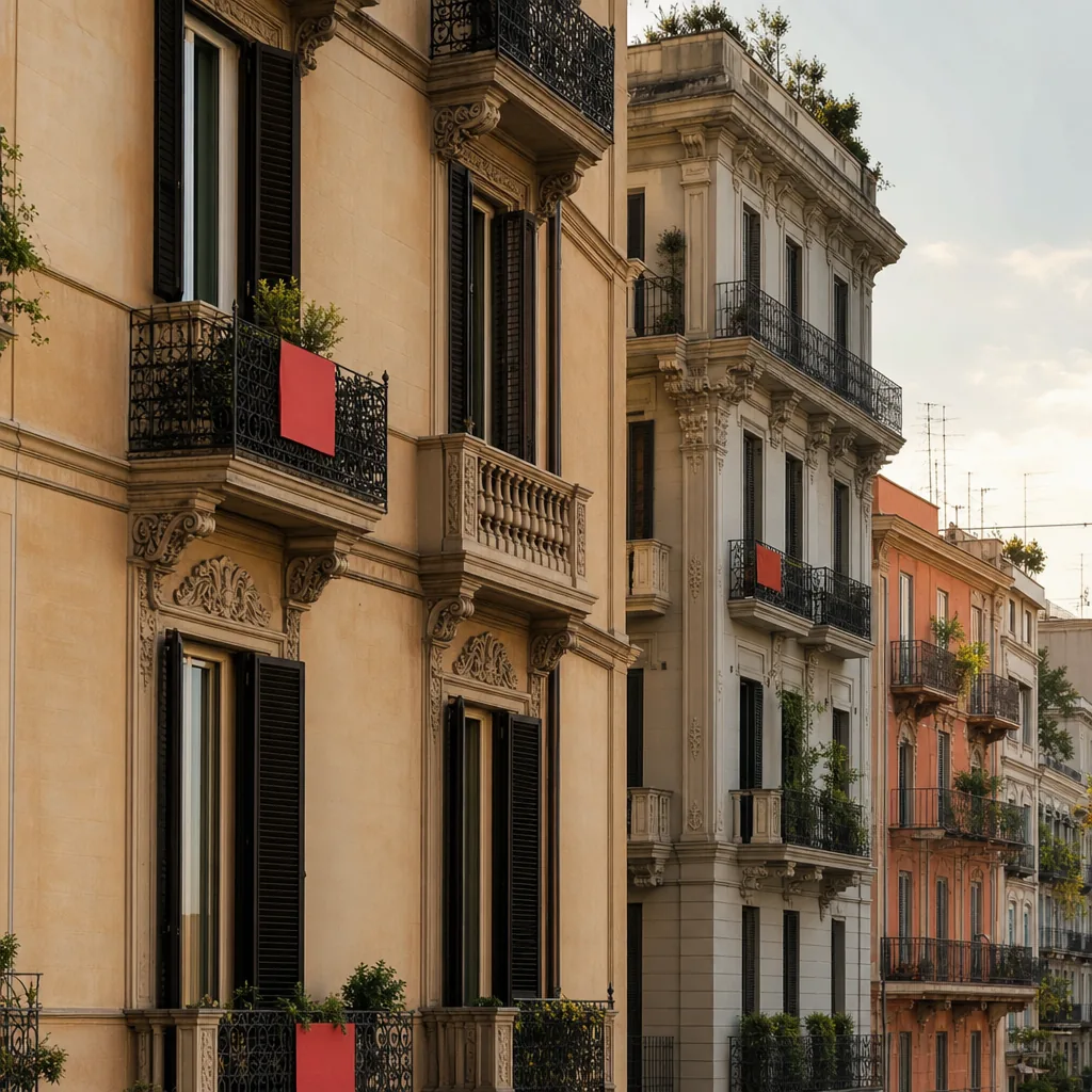 Edifici residenziali italiani in terracotta e mattone in una città del centro Italia, fotografia editoriale con toni caldi
