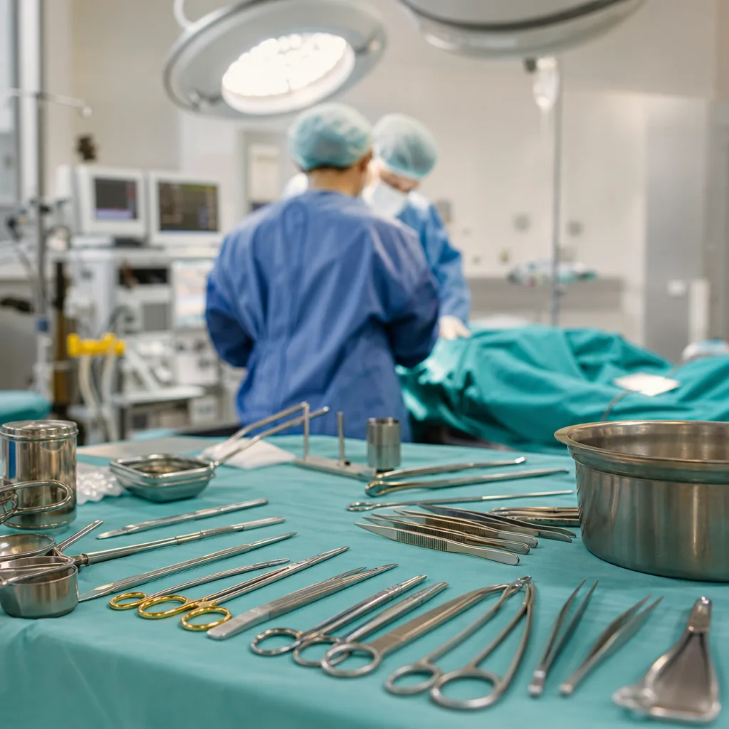 Strumenti chirurgici e dispositivi medici su tavolo ospedaliero