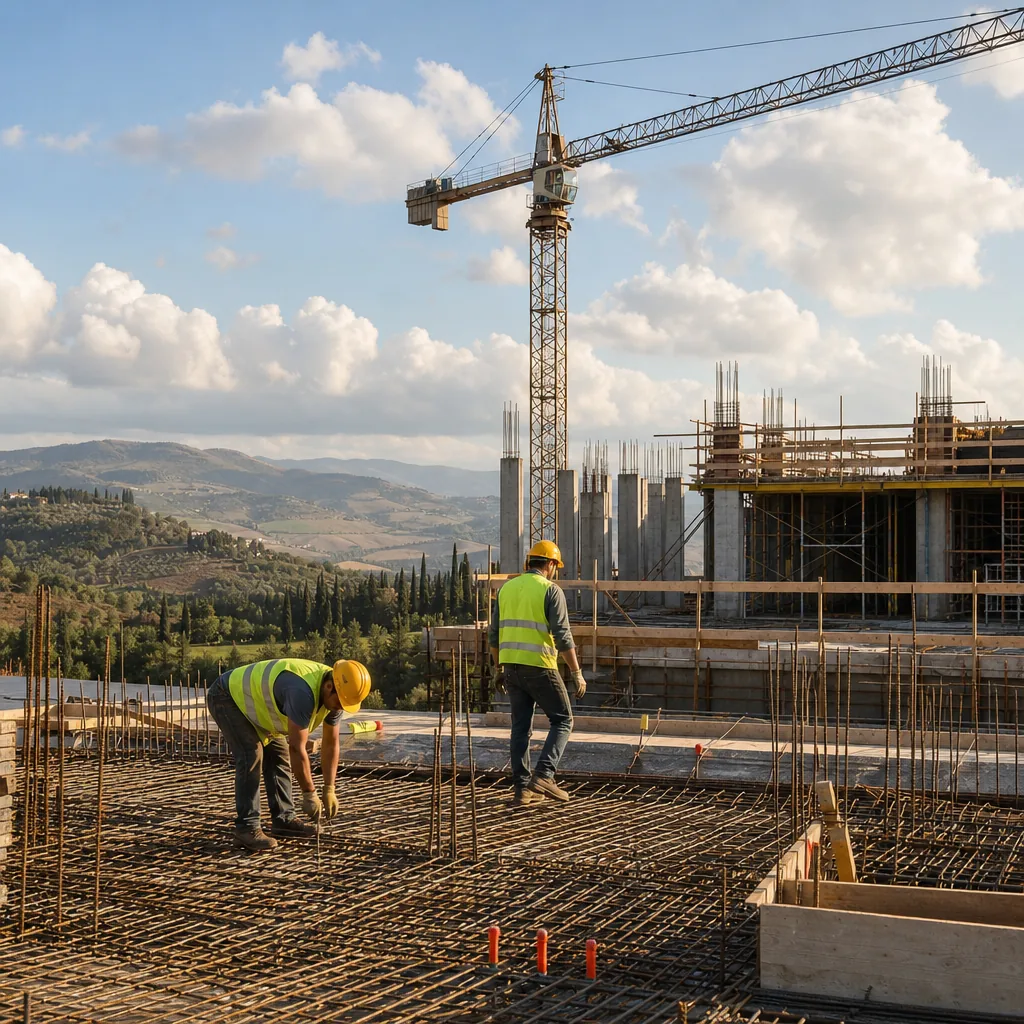 Cantiere di costruzione infrastrutturale italiano, lavoratori e architettura moderna, toni caldi con accenti terracotta