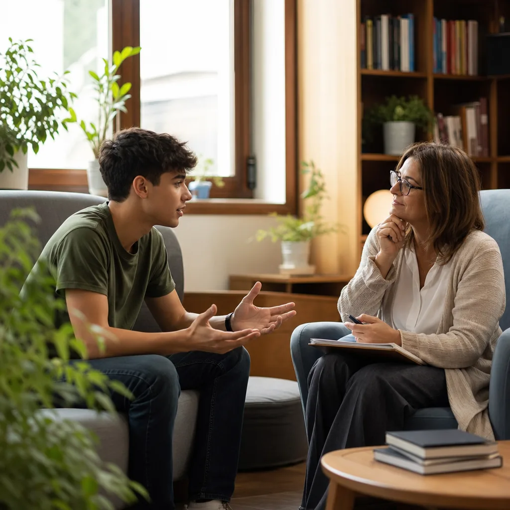 Adolescente in colloquio con psicologo, luce naturale calda, supporto psicologico giovanile