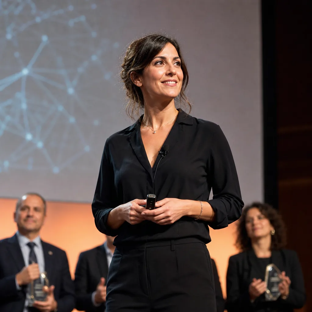 Cerimonia di premiazione per talenti femminili nell'innovazione tecnologica italiana, toni terracotta e verde bosco