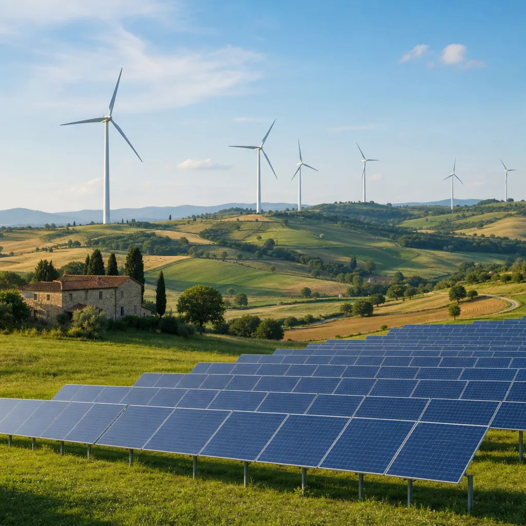 Pannelli solari e turbine eoliche – paesaggio della transizione energetica